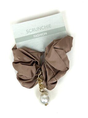 Taupe / brown satin hair scrunchie with a gold chain and hanging pearl charm New